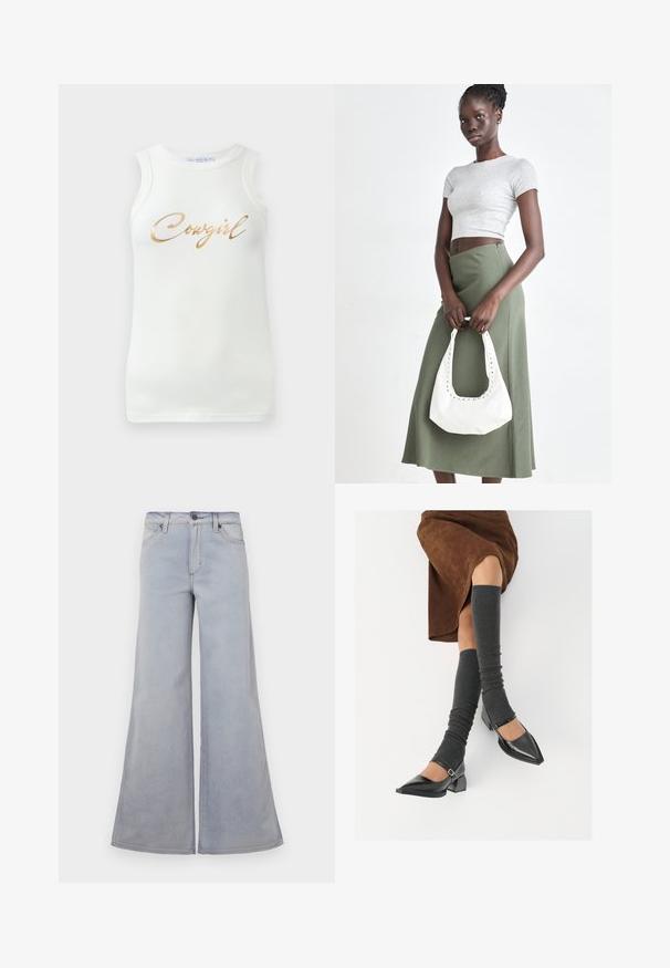 Débardeur blanc à côtes sans manches avec un texte doré en métal indiquant "Cowgirl" sur la poitrine, présenté sur un fond uni.; Jean large bleu clair en denim, avec une taille haute, cinq poches, et des détails de couture subtils le long des coutures.; Chaussures à bout pointu en cuir verni noir avec un talon bloc et une bride à la cheville, accompagnées de jambières en maille grise et d'une jupe en daim marron.; Top court rayé gris et jupe taille haute verte olive. Le mannequin tient un sac à bandoulière blanc avec des découpes. Design simple, silhouette ajustée.