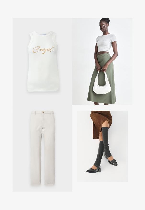 Valge ilma varrukateta ribane tank top, millel on kuldne metalliline kiri "Cowgirl" rinna peal, esitletud ühetoonilisel taustal.; Otsejalgsed beezid püksid, millel on vöörihmade ringid, esine nuppude sulgemine ja lukuga avamine, normaalvalgel taustal.; Mustad patsaline odav värviga kingad, millel on kreen ja pahkluuring, on paaritatud hallide ribakudumitega sääremiidega ja pruunist nahast seelikuga.; Hallid hall pitsakene ja oliiviroheline kõrge vöökohtadega seelik. Mudel hoiab käes valget õlakotit, millel on lõikega detailid. Lihtne disain, vormiline siluett.