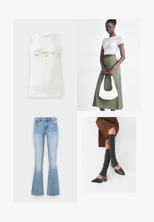 Biała bezrękawnikowa bluzka o prążkowanej strukturze z złotym metalicznym napisem "Cowgirl" na piersi, wyeksponowana na jednolitym tle.; Jasnoniebieskie spodnie dżinsowe w stylu dzwonów wykonane z denimu. Charakteryzują się tradycyjnym pięcioma kieszeniami oraz zapięciem na zamek błyskawiczny z guzikowym zapięciem. Efekt wyblaknięcia na udach.; Czarne lakierowane buty na szpilce z prostokątnym obcasem i paskiem na kostce, zestawione z szarymi prążkowanymi ocieplaczami na nogi oraz brązową zamszową spódnicą.; Szary prążkowany crop top i oliwkowa spódnica o wysokim stanie. Modelka trzyma białą torebkę na ramię z wycięciami. Prosty design, dopasowany krój.