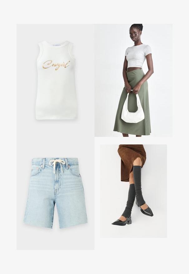 Débardeur blanc à côtes sans manches avec un texte doré en métal indiquant "Cowgirl" sur la poitrine, présenté sur un fond uni.; Shorts en denim bleu clair avec taille à cordon, ourlet légèrement effiloché et cinq poches. Présente une texture décolorée et des accents de rivets en cuivre.; Chaussures à bout pointu en cuir verni noir avec un talon bloc et une bride à la cheville, accompagnées de jambières en maille grise et d'une jupe en daim marron.; Top court rayé gris et jupe taille haute verte olive. Le mannequin tient un sac à bandoulière blanc avec des découpes. Design simple, silhouette ajustée.