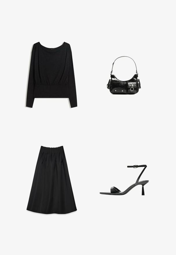 Top nero a maniche lunghe con scollatura ampia, vita arricciata e texture liscia. Design semplice senza motivi o hardware distintivi.; Gonna nera realizzata in tessuto liscio con vita elastica e pieghe, caratterizzata da un design fluido che arriva fino a metà polpaccio.; Bershka Sandali con tacco - black; Borsa a spalla in vernice nera con forma curvata, una tracolla, tasche frontali e dettagli in metallo argentato.