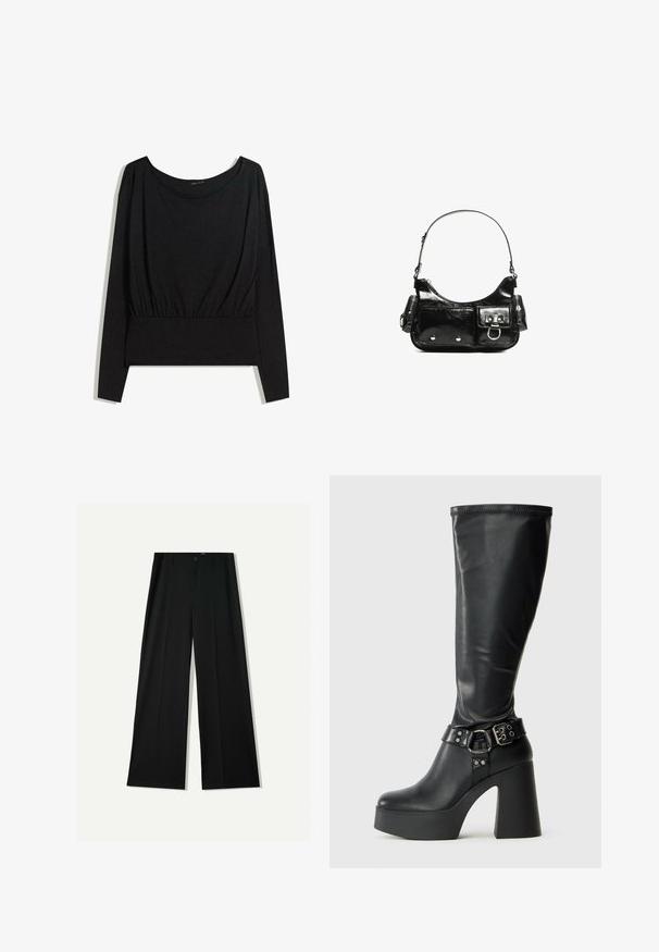 Sort langærmet top med bred udskæring, samlet talje og glat tekstur. Enkel design uden mønstre eller distinkt hardware.; Bershka WIDE - Bukser - black; Sorte knæhøje platformstøvler med en blank finish, der har en bred blokhæl og en spænde-stropdetalje ved anklen.; Sort patenteret læder håndtaske med en buet form, en skulderrem, frontlommer og hardware accenter i sølvfarve.