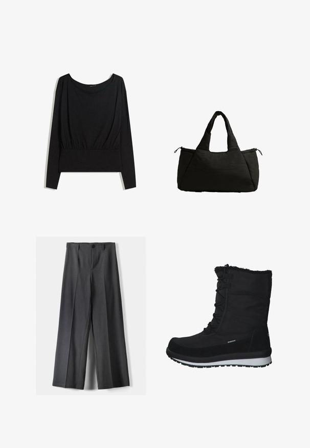 Zwarte lange mouwen top met een brede halslijn, gathering in de taille en een gladde textuur. Eenvoudig ontwerp zonder patronen of opvallende hardware.; Wijde broek in donkergrijze stof, met een knoopsluiting, voorplooien en riemlussen. Gladde textuur met een op maat gemaakte uitstraling.; CMP HARMA SNOW WP - Snowboots - schwarz; Zwarte draagtas met een puffy textuur, voorzien van twee korte handvatten en een zijvak dat met een trekkoord is afgesloten. Eenvoudig, hoekig ontwerp.