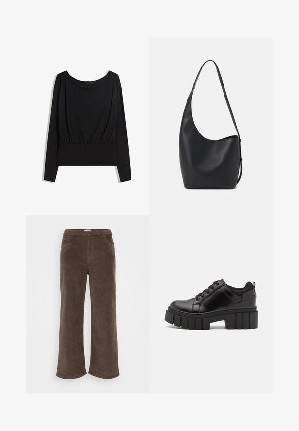 Crnamajica dugih rukava sa širokim izrezom, skupljenim strukom i glatkom teksturom. Jednostavan dizajn bez uzoraka ili istaknutih detalja.; Smeđi kord pantaloni s širokim nogavicama, s kopčanjem na gumb, petljama za remen i prednjim džepovima. Mekana tekstura i rebrast tkanina.; Crne kožne platforme s debelim blok-peta, okruglim prstima i klasičnim dizajnom vezanja. Imaju gladak tekstur i minimalne detalje.; Crna kožna hobo torba s glatkom teksturom, zakrivljenim oblikom i jednom podesivom trakicom; ima širok otvor na vrhu.