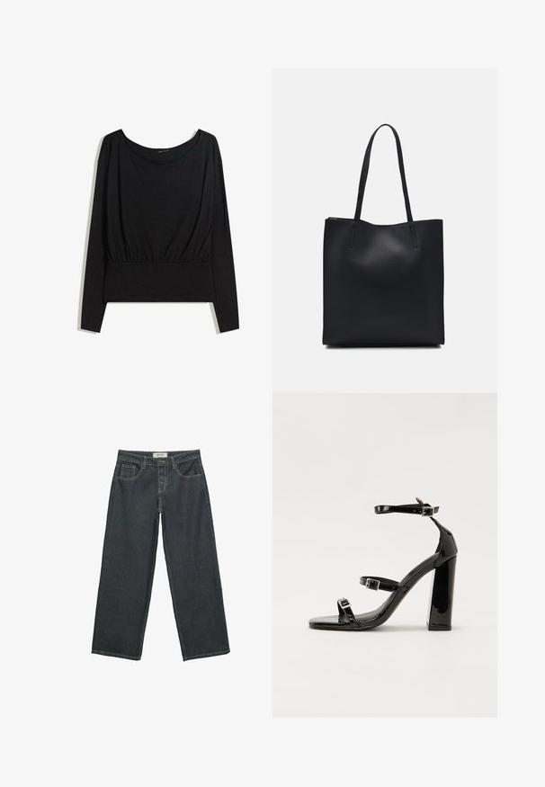 Čierny dlhý rukáv top s širokým výstrihom, zúženým pásom a hladkou textúrou. Jednoduchý dizajn bez vzorov alebo výrazného hardvéru.; Tmav gray široké džínsy vyrobené z denimu, s vysokým pásom, piatimi vreckami a viditeľným šitím pozdĺž švov.; Čierne lakované sandále na podpätku so štvorcovou špičkou, navlečenými remienkami okolo členku a striebornými prackami. Disponujú masívnym blokovým podpätkom pre stabilitu.; Čierna kožená taška na rameno s hladkým povrchom, obdĺžnikovým tvarom a dvoma dlhými uchami. Bez viditeľného kovania alebo ozdôb.