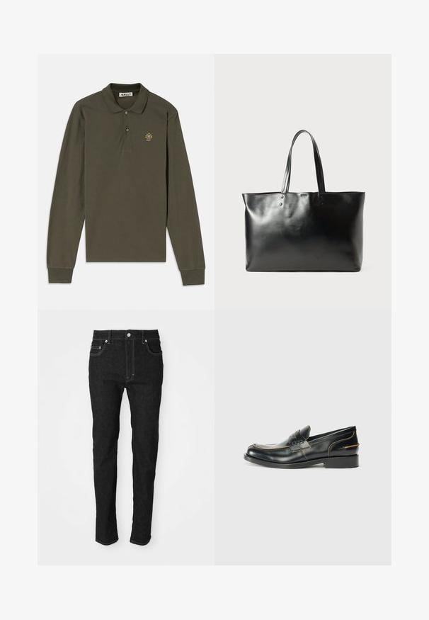 Pikakäistega oliivroheline puuvillane polosärk, millel on kaelus, kaks nuppu ja värviline tikand vasakul rinnal.; Mustad mustad teksad, millel on esine.Button, vöölõngad ja viis taskut, taustaks lihtne valge taust.; Mustad mustad nahast mokassiinid, millel on voolujooneline disain, peen õmblus ja madal konts, esitatud lihtsa valge tausta ees.; Must musta nahk tote kott kahe õlavarre rihmaga, ristküliku kuju ja peene õmbluse detailiga valgel taustal.