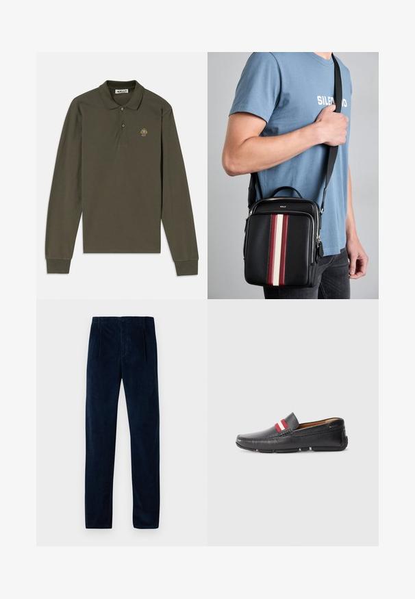 Olijfgroene katoenen polo met lange mouwen, een kraag, twee knopen en een kleurrijk geborduurd logo op de linkerborst.; Donkerblauwe corduroy broek met voorplooien, riemlussen, zijzakken en een knoop- en ritssluiting, plat gelegd op een witte achtergrond.; Zwarte leren instapschoen met een gestructureerd oppervlak, rode en witte gestreepte accenten op de bovenkant, ronde neus en rubberen zool.; Zwarte leren schoudertas met verticale strepen in rood, wit en beige. Voorzien van een bovenhandvat en een verstelbare schouderband. Ritsluiting zichtbaar.