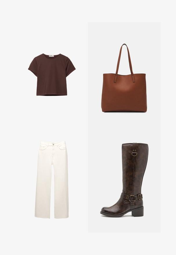 Krátký hnědý tričko s krátkými rukávy a kulatým výstřihem, vystavené na bílém pozadí.; Bílé široké džínové kalhoty s pěti kapsami, zapínáním na zip a knoflíkem. Látka má jemnou texturu a minimální švy.; Hnědé kožené vysoké boty s kulatou špičkou, dekorativním páskem, kulatým kovovým prvkem a nízkým blokovým podpatkem. Hladký povrch po celé délce.; Hnědá kožená taška přes rameno s hladkou texturou, otevřeným designem a dvěma ramenními popruhy. Obsahuje minimální švy a žádné viditelné kovové prvky.