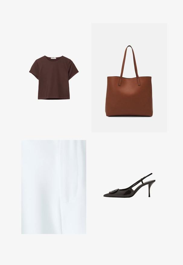 Kort brun cropped t-shirt med korte ærmer og rund halsudskæring, vist på en hvid baggrund.; BWLDR ADREW - Shorts - off white; Sort patenteret læder slingback sko med spids tå, minimalistisk design, lille cirkulært pynt på vampskindsdelen og slank hæl.; Brun læder tote taske med en glat overflade, åben topdesign og to skulderremme. Har minimal syning og ingen synlig hardware.