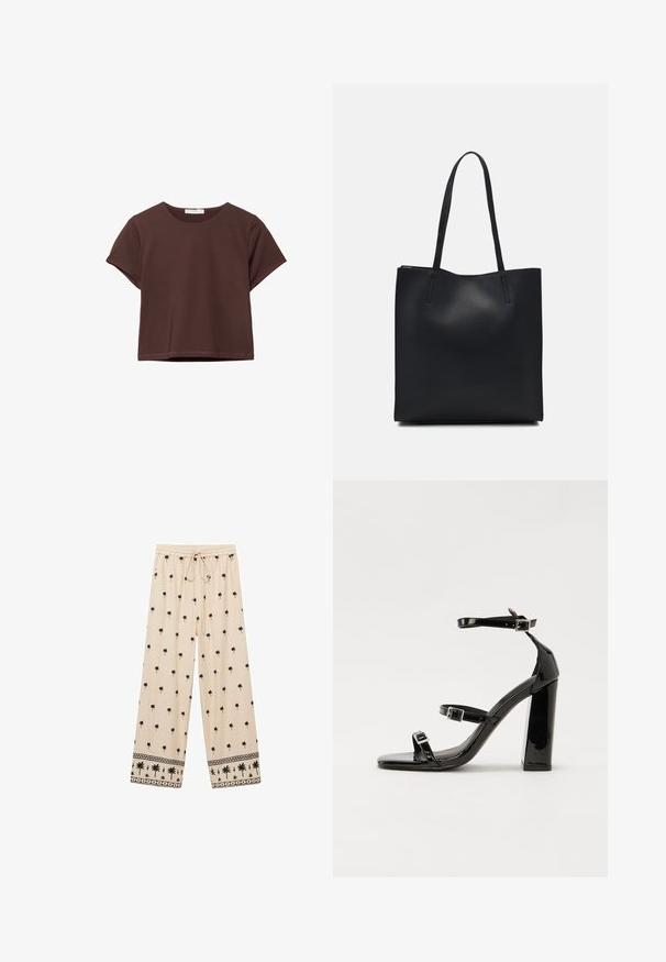 Lyhyt ruskea lyhythihainen cropped t-paita, jossa on pyöreä kaula-aukkko, esillä valkoisella taustalla.; Beige leveled-hame yllätyspöksyt mustalla palmu-kuvioinnilla, joustava vyötärönyöri ja kontrastivärinen kuviorefliini helmassa.; Musta kiiltävä korkokenkä sandaalit neliönmuotoisella varpaalla, nilkkaremmillä ja hopeisilla soljilla. Varustettu tukevalla lohkokorkealla vakauden takaamiseksi.; Mustapahkainen kangaskassi, jossa on sileä pinta, suorakaiteen muotoinen ja kaksi pitkää kahvaa. Ei näkyvää metalliosaa tai koristeita.
