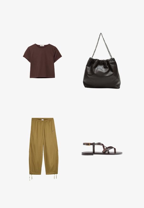 T-shirt corta marrone con maniche corte e scollatura rotonda, esposta su uno sfondo bianco.; Pantaloni leggeri e larghi realizzati in tessuto khaki. Presentano una vita elasticizzata, tasche laterali e orli con cordino. Piccolo logo decorativo.; Sandal in pelle marrone con cinturini incrociati, chiusura con cinturino alla caviglia e suola piatta con dettagli di cucitura minimi.; Borsa in pelle marrone con parte superiore arricciata e tracolla a catena. Texture liscia con finitura lucida e dettagli di cucitura sottili sui lati.
