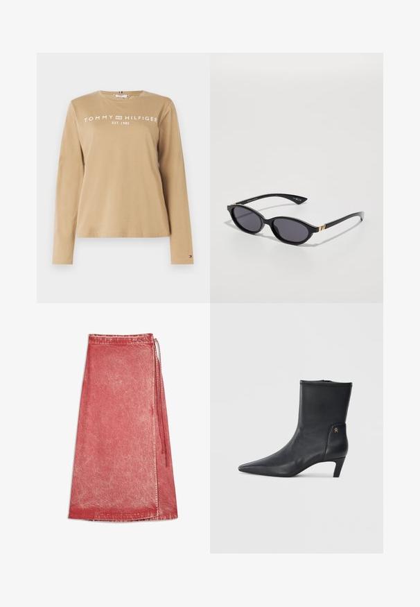 Beige katoenen t-shirt met lange mouwen, featuring een witte bedrukte logo "TOMMY HILFIGER" en "EST. 1985" aan de voorkant, met een ronde halslijn.; Rode denim wikkelskirt met vervaagde waseffect, enkel lengte, met een zij-tie sluiting en gestikte zoom.; Zwarte leren enkellaarsjes met een spitse neus en een lage hak. Heeft een gladde textuur en een kleine gouden logo-detail aan de zijkant.; Zwarte zonnebril met ovale glazen, donkere verloop-tint en slanke pootjes met subtiele gouden accenten. Glad plastic afwerking.; Witte leren schoudertas met een gevouwen klep aan de voorkant, gebogen shape en een verstelbare schouderband. Bevat een subtiel logo aan de voorkant.