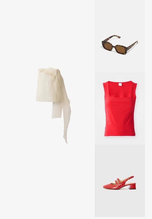 Rdeča majica s kratkimi rokavi, izdelana iz gladkega materiala, s kvadratnim ovratnikom in prilegnjeno silhueto, ki ima čiste, ravne robove.; Linen pokrivalo v off-white barvi, cilindrične oblike, s prosojnim, lahkotnim šalom, ki je položen čez vrh, z mehko, prozorno teksturo.; Rde čevlje iz patentiranega usnja s slingback dizajnom in ostro konico, z dvema trakoma, ki vključujejo okrogle dodatke, ter nizko blok kapico.; Sončna očala iz kornjačine s poudarjenim, okroglim okvirjem in rjavimi lečami. Imajo subtilne vzorce in ravne, zožene ročke.