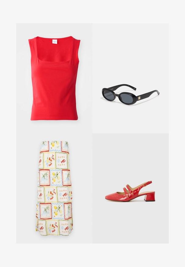 Red, short-sleeve top made of smooth fabric with a square neckline and a fitted silhouette, featuring clean, straight hem lines.; Maxi skirt featuring a lightweight fabric with a bright multi-pattern, including fruits and coastal scenes in pastel colors and textured accents.; Red patent leather slingback shoe with a pointed toe, two strap design featuring circular accents, and a low block heel.; Black oval sunglasses with dark lenses, glossy plastic frame, wide arms, and a small gold accent on one side.
