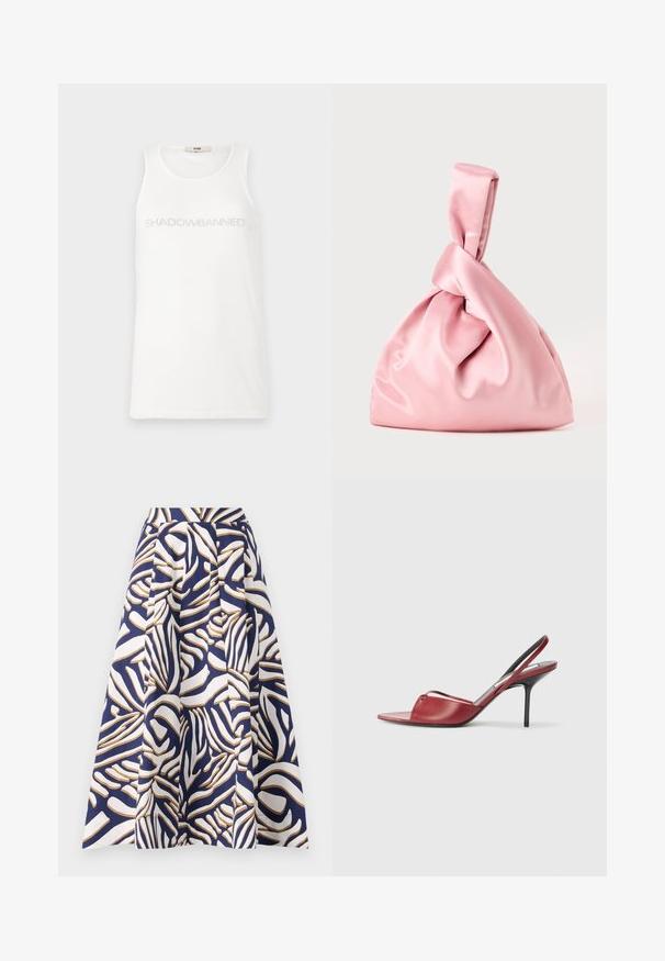 Balts t-krekls bez piedurknēm, izgatavots no mīkstas auduma. Uz krūtīm ir uzraksts "SHADOWBANNED" gaiši pelēkā krāsā. Vienkāršs dizains bez piedurknēm.; Gara līdz ceļiem, izgatavota no kokvilnas, ar tumši zilu fona un uzšūtiem baltiem un zelta abstraktiem rakstiem; plīšojošs dizains piešķir apjomu.; Sarkans ādas slingback augstpapēžu sandaļu modelis ar izgrieztu purngalu, plānu siksniņu pāri kājai un šauru stiletto papēdi.; Rozā satīna soma ar mezglotu augšu, ar gludu tekstūru un mīkstu, noapaļotu formu. Izstrādāta, lai nodrošinātu drošu, savilktu izskatu.