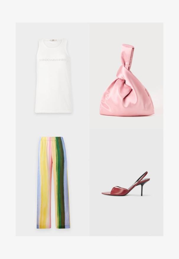 White tank top made of soft fabric. Features the text "SHADOWBANNED" in light gray across the chest. Simple, sleeveless design.; Wide-leg pants with an elastic waistband, featuring vertical stripes in pastel colors: yellow, pink, green, blue, and light purple. Smooth texture.; Red leather slingback heeled sandal with a pointed open toe design, thin strap across the foot, and a narrow stiletto heel.; Pink satin bag with a knotted top, featuring a smooth texture and a soft, rounded shape. Designed for a secure, gathered appearance.