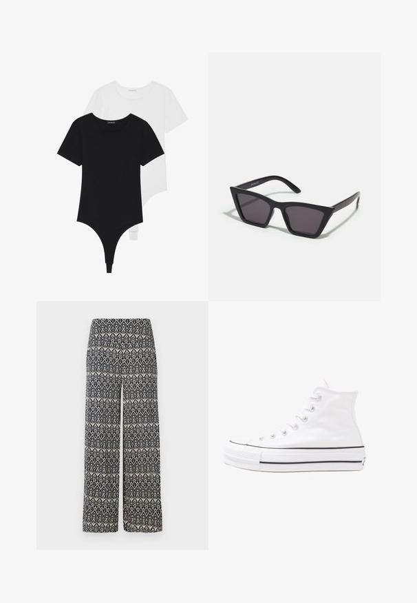 Schwarz-weiße kurzärmelige Bodysuits mit Rundhalsausschnitten und Tanga-Style, aus glattem, dehnbarem Stoff gefertigt.; Weite Hose mit einem schwarz-weißen geometrischen Muster, gefertigt aus einem Stoff mit glatter Textur. Elastischer Bund für zusätzlichen Komfort.; Weiße hochwertige Leinensneaker mit schwarzer Gummisohle, vorderem Gummizehenschutz und sechs Ösen für Schnürsenkel, die ein sauberes, minimalistisches Design aufweisen.; Schwarze, eckige Sonnenbrille mit grauen Gläsern; aus Kunststoff gefertigt, mit dicken Bügeln, die eine glatte Oberfläche und keine sichtbaren Beschläge haben.