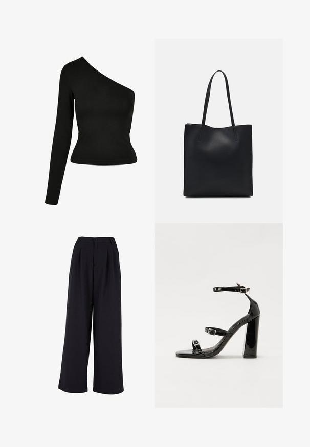 Juoda ilgomis rankovėmis palaidinė su asimetriniu dekolte. Pagaminta iš lygaus audinio, prigludusio silueto ir kreiviu apvadu. Be raštų ar puošmenų.; Juodos plačios kelnės, pasižyminčios priekine raukšle, sagčių uždarymu ir lygiu paviršiumi. Tailorinta konstrukcija su aukštu liemeniu.; Juoda blizgi lakuota basutė su kvadratiniu pirštu, kulkšnies dirželiais ir sidabro sagtimis. Yra tvirta blokinė kulno konstrukcija, užtikrinanti stabilumą.; Juodas odinis tote krepšys su lygia tekstūra, stačiakampio formos ir dviem ilgais rankenomis. Matomų metalinių detalių ar puošybos nėra.