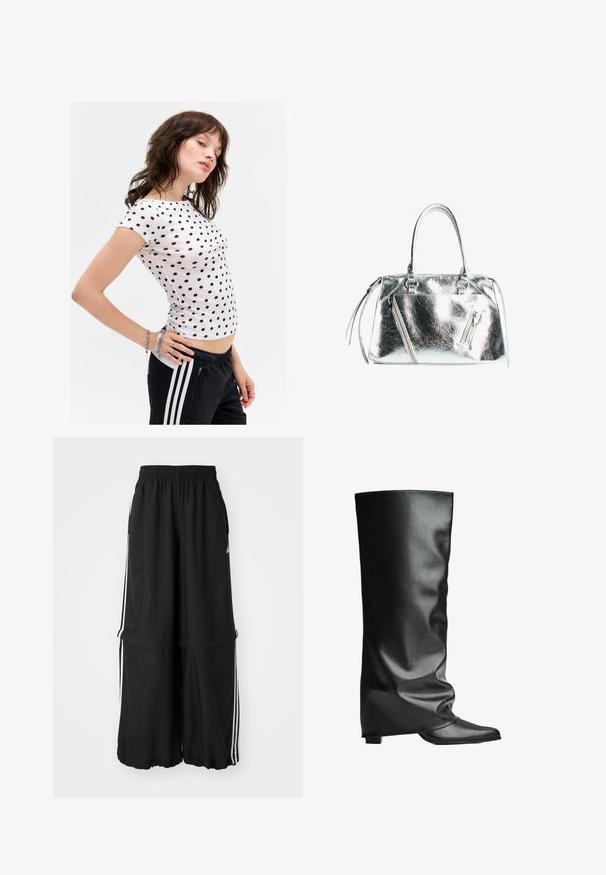 Biele tričko s krátkym rukávom a námorníckymi bodkami, priliehavý strih, okrúhly výstrih a decentné bočné švy. Nosené s čiernymi teplákmi.; Čierne športové nohavice s elastickým pásom, bočnými prúžkami a voľným strihom so zúženým lemom pre vzdušný siluetu.; Čierne kožené vysoké topánky s hladkou textúrou, voľným dizajnom, špicatou špičkou a nízkym štvorcovým podpätkom. Minimalistický štýl bez viditeľného kovania.; Metalická strieborná kabelka so štruktúrovaným tvarom, dvoma hornými držadlami a zipsovými vreckami vpredu. Hladký a lesklý povrch.