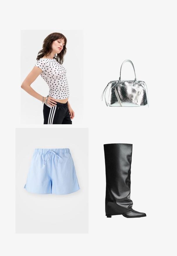 Weißes T-Shirt mit kurzen Ärmeln und dunkelblauen Punkten, taillierte Passform, runder Halsausschnitt und subtile Seitennähte. Getragen mit schwarzen Jogginghosen.; Hellblaue Baumwollshorts mit elastischem Bund und Kordelzug, die einen lockeren Schnitt und seitliche Schlitze für Bewegungsfreiheit bieten.; Schwarze lederne kniehohe Stiefel mit glatter Textur, lockerer Passform, spitz zulaufender Zehenpartie und niedrigem, quadratischem Absatz. Minimalistischer Stil ohne sichtbare Beschläge.; Metallic silberne Handtasche mit strukturierter Form, zwei oberen Griffen und Reißverschlussfächern auf der Vorderseite. Glatte, glänzende Textur.