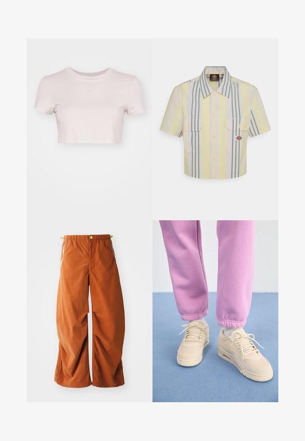 Rövid ujjú, világos rózsaszín, vágott póló, puha anyagból készült. Kerek nyakkivágással és kis fehér Nike logóval rendelkezik a mellrészen.; Rövid ujjú, világos sárga, függőleges zöld és pasztell csíkos ing. Két mellzsebével és logóval a bal oldali zseben.; Narancsszínű, bő szárú nadrág, gumis derékkal, oldalsó cipzáras zsebekkel és laza, texturált anyagból készült, amely a kényelem és a mozgásképesség érdekében lett tervezve.; Beige sportcipők texturált felsőrésszel, párnázott nyelvvel és fűzős záródással, rózsaszín, tapered fazonú sportnadrággal párosítva, bordás szegéllyel.