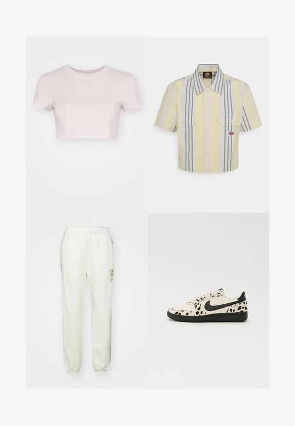 Kratka majica v svetlo rožnati barvi, izdelana iz mehke tkanine. Ima krojen izrez in kratke rokave ter majhen bel Nike logo na prsih.; Skratka s kratkimi rokavi v svetlo rumeni barvi z vertikalnimi zelenimi in pastelno obarvanimi črtami. Ima dve žepu na prsih in logotipni znački na levem žepu.; Svetlo bež hlače za prosti čas s elastičnim pasom, stranskimi žepi in utesnjenimi robovi. Imajo grafični logotip na levi stegnu.; Bela tenisa z črnim pikastim vzorcem, črn Nike Swoosh, ravni vezalki in črn gumijast podplat. Klasičen nizki dizajn.