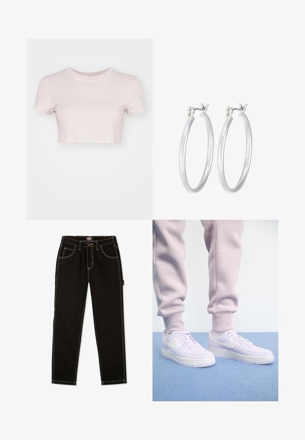 Geknipte T-shirt in lichtroze, gemaakt van zachte stof. Heeft een ronde hals en korte mouwen met een klein wit Nike-logo op de borst.; Zwarte denim broek met contrasterende witte stiksels, vijf zakken en een label aan de zijkant. Standaard pasvorm, rechte pijpdesign.; Nike Sportswear AIR FORCE 1 - Sneakers laag - barely grape/sail/volt/black; Zilveren oorbellen in de vorm van een gladde, gepolijste ring. Ronde vorm met een veilige kliksluiting. Lichtgewicht ontwerp, geschikt voor dagelijks gebruik.