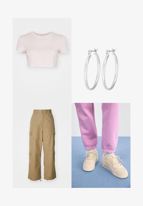 Lühikeste varrukatega helesinine lühikesed T-särk, valmistatud pehmest kangast. Omab ümmargust kaelaauku ja rinnal on väike valge Nike logo.; Beezid kargo püksid kõrge vöökohaga, laiad jalad ja neli suurt külgtaskut. Valmistatud vastupidavast kangast, millel on sile tekstuur ja minimaalne detail.; Bežid jalanouded tekstureeritud pealmise osaga, pehme keele ja nööridega sulgemisega, koos kitsaste roosade dressipükstega, millel on soonik ülesvõtted.; Hõbedased rõngaskõrvarõngad, millel on sile, läikiv viimistlus. Ümmargune kuju ja turvaline klõpsulatus. Kerge disain, sobib igapäevaseks kandmiseks.