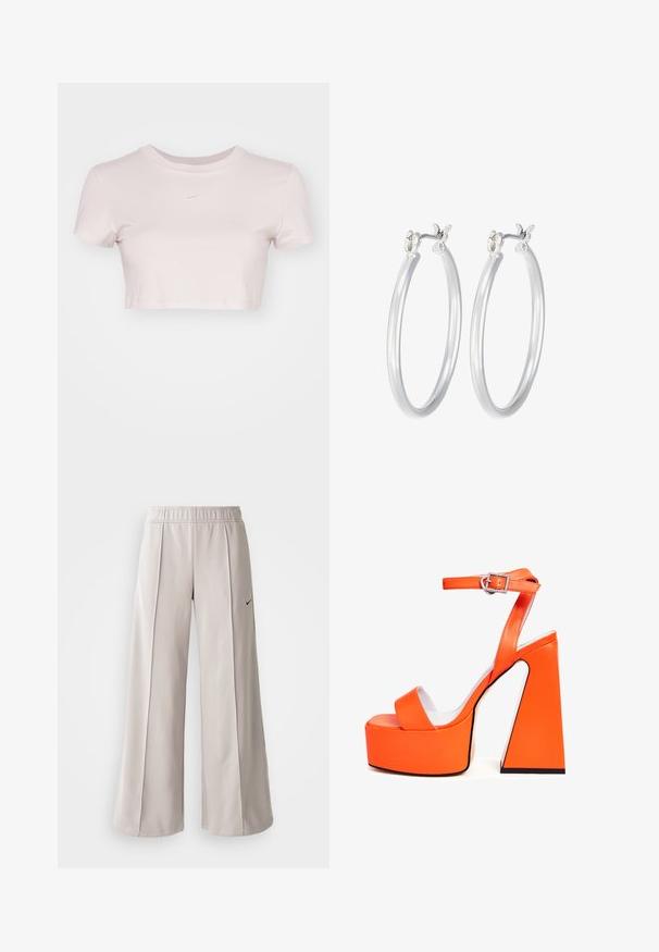 Cropped T-shirt in light pink, made of soft fabric. Features a crew neck and short sleeves with a small white Nike logo on the chest.; Light gray wide-leg pants made of smooth fabric. Features an elastic waistband and black Nike logo on the left side.; Orange platform sandals with a square heel, a wide strap across the toe, and a buckled ankle strap. Smooth, glossy finish.; Silver hoop earrings with a smooth, polished finish. Round shape and secure click-top closure. Lightweight design suitable for everyday wear.