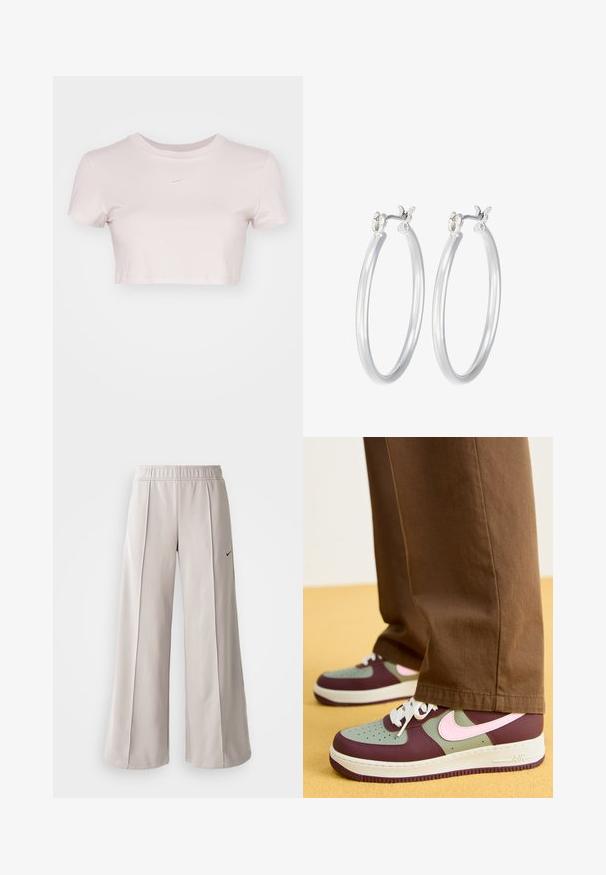 Lyhyt vaaleanpunainen t-paita, joka on valmistettu pehmeästä kankaasta. Siinä on pyöreä pääntie ja lyhyet hihat, sekä pieni valkoinen Nike-logo rinnassa.; Vaaleanharmaat leveälahkeiset housut, jotka on valmistettu sileästä kankaasta. Niissä on joustava vyötärö ja musta Nike-logo vasemmalla puolella.; Nike Sportswear AIR FORCE 1 07 - Matalavartiset tennarit - burgundy crush/pink foam/dark stucco/sail/dark pony/white; Hope-silver rengas, joissa on sileä ja kiillotettu pinta. Pyöreä muoto ja turvallinen napsautettava lukitus. Kevyt muotoilu sopii päivittäiseen käyttöön.