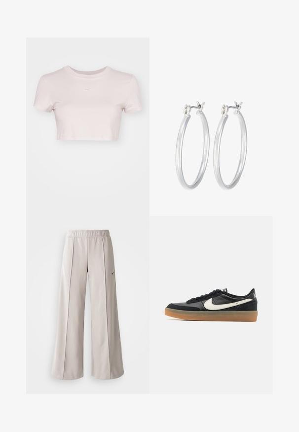 Skraćeni majica u svijetlo ružičastoj boji, izrađena od mekog materijala. Ima okrugli izrez i kratke rukave s malim bijelim Nike logotipom na prsima.; Svijetlosive hlače širokih nogavica od glatkog materijala. Imaju elastičnu traku u struku i crni Nike logo na lijevoj strani.; Crni sportski tenisice s teksturiranim kožnim gornjištem, bijelim logom u obliku zareza i gumiranim potplatom. Dizajn sa vezanjem i oblogom za udobnost oko zapešća.; Srebrne kružne naušnice s glatkom, poliranom površinom. Okrugli oblik i sigurno kopčanje na klik. Lagani dizajn pogodan za svakodnevno nošenje.