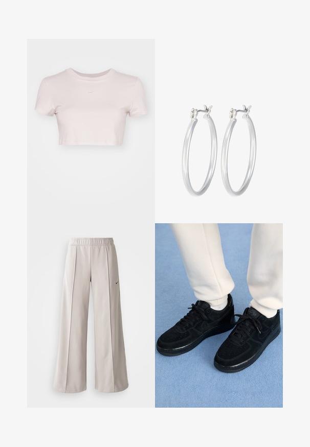Skraćeni majica u svijetlo ružičastoj boji, izrađena od mekog materijala. Ima okrugli izrez i kratke rukave s malim bijelim Nike logotipom na prsima.; Svijetlosive hlače širokih nogavica od glatkog materijala. Imaju elastičnu traku u struku i crni Nike logo na lijevoj strani.; Nike Sportswear AIR FORCE 1 07 - Tenisice - black/anthracite/white; Srebrne kružne naušnice s glatkom, poliranom površinom. Okrugli oblik i sigurno kopčanje na klik. Lagani dizajn pogodan za svakodnevno nošenje.