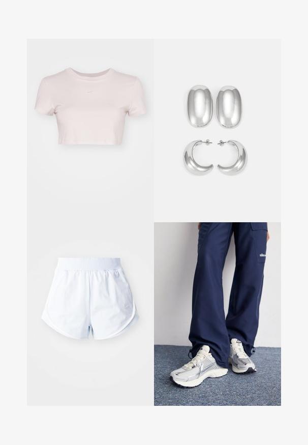 Šviesiai rožinė trumpa marškinė, pagaminta iš minkštos medžiagos. Turi apvalų kaklą ir trumpas rankoves, su mažu baltu Nike logotipu ant krūtinės.; Šviesiai mėlynos sportinės šortai su garlitu liemeniu, išlenktu apvadu ir baltais šoniniais akcentais. Pagaminti iš minkštos, lengvos medžiagos.; Nike sportiniai batai su sidabro spalvos tinklu, baltais akcentais ir tekstūruotais pado, derinami su laisvais tamsiai mėlynais kelnais.; Sidabro spalvos auskarų rinkinys: dvi ovalios sagtys ir dvi pusmėnulio formos apyrankės, pasižyminčios blizgiu, lygiu paviršiumi ir suapvalinta forma.