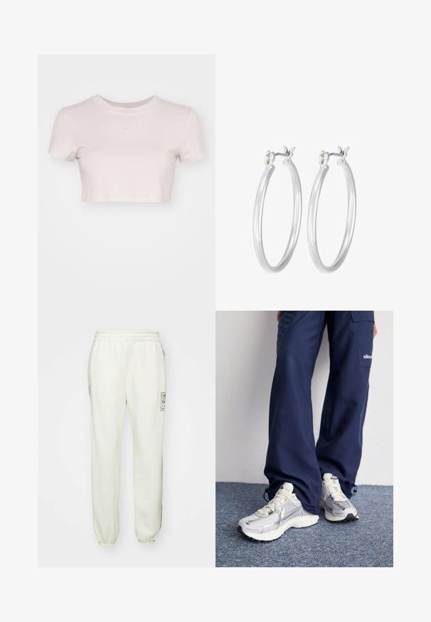 Grezno piegriezts T-krekls gaiši rozā krāsā, izgatavots no mīkstas auduma. Tam ir apaļa apmale un īsas piedurknes, ar mazu balto Nike logo krūtīs.; Gaiši bēšas sporta bikses ar elastīgu jostu, sānu kabatām un elastīgām malām. Uz kreisā augšstilba ir grafiskais logotips.; Nike sporta apavi ar sudraba sietu augšdaļu, baltām akcentiem un teksturētām zolēm, saskaņoti ar brīviem zila toņa biksēm.; Sudraba riņķveida auss gredzeni ar gludu, pulētu apdari. Apaļa forma un drošs klikšķa augšējais slēgums. Viegls dizains, kas piemērots ikdienas valkāšanai.