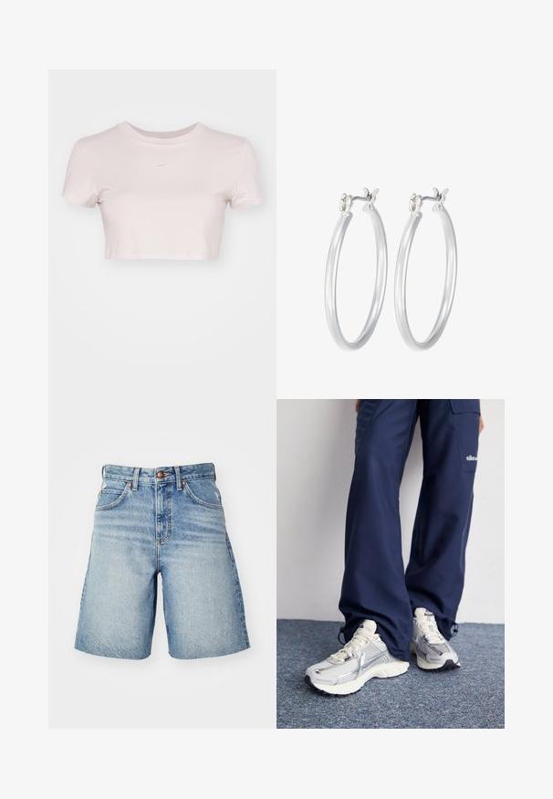 Kratka majica v svetlo rožnati barvi, izdelana iz mehke tkanine. Ima krojen izrez in kratke rokave ter majhen bel Nike logo na prsih.; Denim kratke hlače v svetlo modri barvi z visokim pasom, z gumbom za zapiranje, petimi žepi in rahlim bledenjem za obrabljen videz.; Nike športni čevlji s srebrno mrežasto zgornjico, belimi poudarki in teksturiranimi podplati, v kombinaciji s sproščenimi temno modrimi hlačami.; Srebrni obroči za ušesa z gladko, polirano površino. Okrogla oblika in varna zaponka s klikom. Lahka zasnova, primerna za vsakodnevno nošenje.