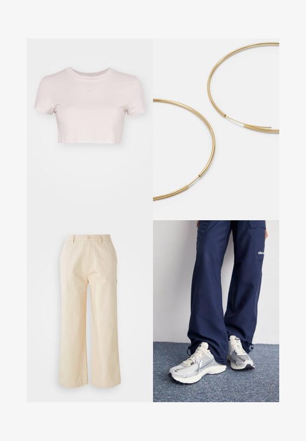 Šviesiai rožinė trumpa marškinė, pagaminta iš minkštos medžiagos. Turi apvalų kaklą ir trumpas rankoves, su mažu baltu Nike logotipu ant krūtinės.; Šviesiai smėlio spalvos plačios kojos kelnės, pagamintos iš medvilnės su lygiu paviršiumi, su priekiniais sagčių užsegimais ir šoniniais kišenėmis.; Nike sportiniai batai su sidabro spalvos tinklu, baltais akcentais ir tekstūruotais pado, derinami su laisvais tamsiai mėlynais kelnais.; Aukso spalvos žiedo auskarai, ploni ir apvalūs, su lygiu metaliniu paviršiumi be papuošimų ar raštų.