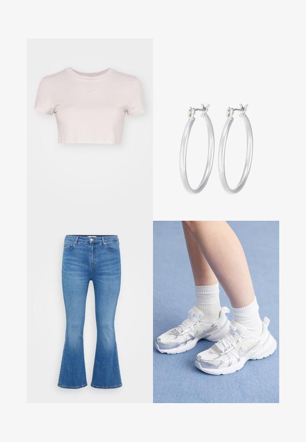 Grezno piegriezts T-krekls gaiši rozā krāsā, izgatavots no mīkstas auduma. Tam ir apaļa apmale un īsas piedurknes, ar mazu balto Nike logo krūtīs.; Gai zilas džinsu bikses ar platu kāju, kas raksturo augsto jostasvietu, piecām kabatām un klasisku pogu aizdari. Gluda tekstūra ar vieglu izbalēšanu.; Baltie sporta apavi ar sieta materiāla un sintētiskajām virsmām, ar sudraba Nike logotipu, un apvienoti ar ribotām baltām zeķēm uz zila fona.; Sudraba riņķveida auss gredzeni ar gludu, pulētu apdari. Apaļa forma un drošs klikšķa augšējais slēgums. Viegls dizains, kas piemērots ikdienas valkāšanai.