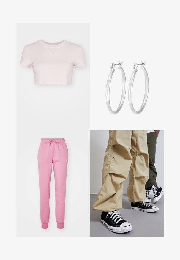 Šviesiai rožinė trumpa marškinė, pagaminta iš minkštos medžiagos. Turi apvalų kaklą ir trumpas rankoves, su mažu baltu Nike logotipu ant krūtinės.; Rožinės sportinės kelnės su elastinga juosmens juosta, raišteliu ir gumbai ant rankovių. Kairėje šlaunyje yra mažas baltas logotipas.; Juodos drobės aukštakulniai sportbačiai su baltais guminiais padais, derinami su šviesiai bežinėmis laisvomis kelnėmis, turinčiomis šonines kišenes ir laisvu siluetu.; Sidabriniai auskarai su sklandžiu, poliruotu paviršiumi. Apvalios formos ir saugus uždarymo mechanizmas. Lengvas dizainas, tinkantis kasdieniam dėvėjimui.
