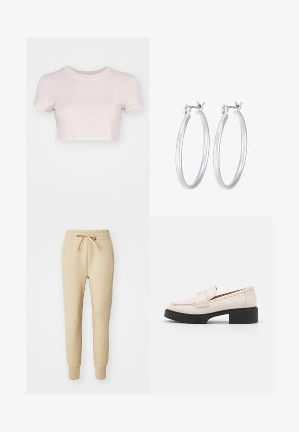 Skraćené tričko svetloružovej farby, vyrobené z mäkkej tkaniny. Má okrúhly výstrih a krátke rukávy s malým bielym logom Nike na hrudi.; Béžové tepláky s elastickým pásom, šnúrkou, zúženými nohavicami a rebrovanými manžetami; hladká textúra s detailom loga na boku.; Svetlo béžové kožené mokasíny s prešitým predom a textúrovaným čiernym platformovým podpätkom. Vlastnosti zahŕňajú zakrivený dizajn a mierne zvýšenie.; Strieborné kruhové náušnice s hladkým, lesklým povrchom. Kolový tvar a bezpečné klikanie na uzatváranie. Ľahký dizajn vhodný na každodenné nosenie.