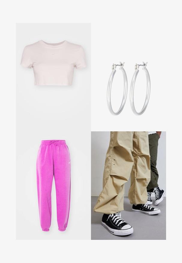 Geknipte T-shirt in lichtroze, gemaakt van zachte stof. Heeft een ronde hals en korte mouwen met een klein wit Nike-logo op de borst.; Nike Sportswear PANT - Trainingsbroek - hot fuchsia; Zwarte canvas high-top sneakers met witte rubberen zolen, gecombineerd met lichtbeige losse broek met zijzakken en een relaxte pasvorm.; Zilveren oorbellen in de vorm van een gladde, gepolijste ring. Ronde vorm met een veilige kliksluiting. Lichtgewicht ontwerp, geschikt voor dagelijks gebruik.