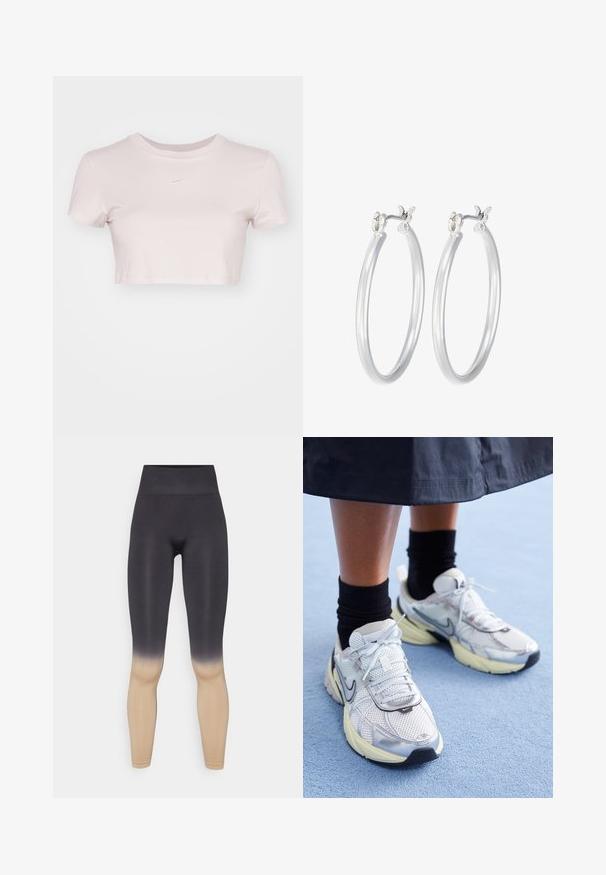 Geknipte T-shirt in lichtroze, gemaakt van zachte stof. Heeft een ronde hals en korte mouwen met een klein wit Nike-logo op de borst.; Zwarte en beige ombre legging met een hoge tailleband. Gemaakt van een rekbaar materiaal, met een soepele textuur en een aansluitend ontwerp.; Witte en zilveren Nike sneakers van meshstof, met reflecterende accenten en een beige zool. Gedragen met zwarte sokken, staand op een blauwe ondergrond.; Zilveren oorbellen in de vorm van een gladde, gepolijste ring. Ronde vorm met een veilige kliksluiting. Lichtgewicht ontwerp, geschikt voor dagelijks gebruik.