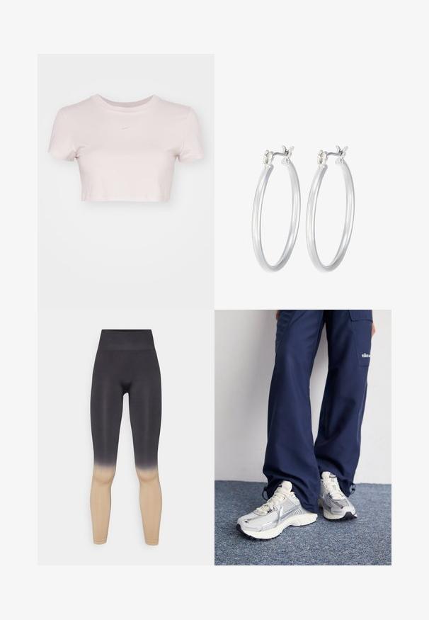 Przycięta koszulka w jasnym różu, wykonana z miękkiego materiału. Posiada okrągły dekolt i krótkie rękawy z małym białym logo Nike na klatce piersiowej.; Czarno-beżowe legginsy ombre z wysokim stanem. Wykonane z elastycznego materiału, o gładkiej fakturze i dopasowanym kroju.; Buty sportowe Nike z górą z siateczki w kolorze srebrnym, białymi akcentami i teksturowanymi podeszwami, w połączeniu z luźnymi granatowymi spodniami.; Srebrne kolczyki w formie kółek o gładkim, polerowanym wykończeniu. O okrągłym kształcie i pewnym zapięciu na klik. Lekka konstrukcja odpowiednia do codziennego noszenia.