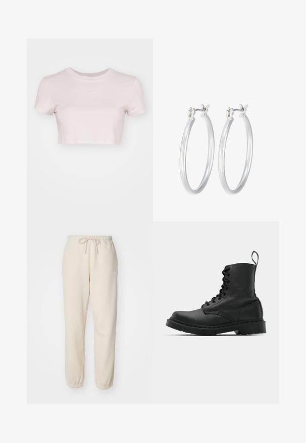 Lyserød cropped T-shirt, lavet af blødt stof. Har rund halsudskæring og korte ærmer med et lille hvidt Nike-logo på brystet.; Beige sweatpants lavet af blødt stof, med elastisk talje og snøre, smalle ankler og en lille logo accent.; Sort læder kampstøvle med rund tå, snørebånd foran og en løkke ved anklen. Har en tyk gummisål for holdbarhed.; Sølv hoop øreringe med en glat, poleret overflade. Rund form og sikker klik-lukning. Letvægtsdesign, der er velegnet til hverdagsbrug.