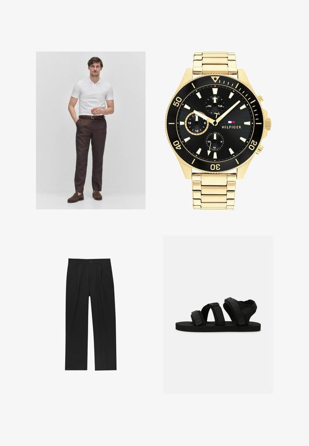 Witte polo met korte mouwen, donkerbruine linnen broek, gevlochten bruine leren riem, bruine suède instappers, staand tegen een effen achtergrond.; Zwarte broeken met een recht model, gemaakt van een gladde stof. Voorzien van een voorplooien en een enkele knoopsluiting bij de taille.; Zwarte sandalen met drie verstelbare bandjes, platte zool en een textuur in de binnenzool voor grip. Gemaakt van zachte materialen voor comfort.; Gouden metalen horloge met een zwarte wijzerplaat, luminescerende markers en drie sub wijzerplaten. Beschikt over een gestructureerde band en het "HILFIGER" logo in het midden.