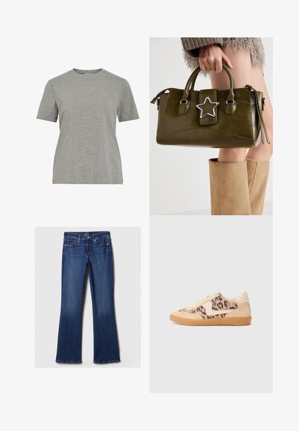 T-shirt gris en coton avec un col rond classique, des manches courtes et une texture lisse, idéal pour un usage décontracté.; Jean évasés en denim bleu foncé avec cinq poches, un zip à bouton et des détails de couture le long de la taille et des poches. Texture lisse.; Baskets en imprimé léopard avec tige en suède beige, semelle en caoutchouc tan et accents blancs. Bout rond et design à lacets avec une finition texturée.; Sac à main en simili cuir vert olive avec accent étoilé argenté, deux poignées et fermeture éclair. Surface texturée et forme structurée.