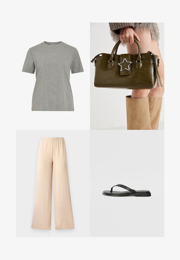 Szara bawełniana koszulka z klasycznym okrągłym dekoltem, krótkimi rękawami i gładką fakturą, odpowiednia do codziennego noszenia.; Spodnie o szerokich nogawkach w jasnym beżowym kolorze, wykonane z teksturowanej tkaniny i z elastycznym paskiem w talii dla komfortu. Brak kieszeni i widocznych zapięć.; Czarne klapki wykonane z gładkiej skóry, z cienkim paskiem i płaską podeszwą o minimalistycznym profilu. Brak widocznych wzorów lub akcentów.; Oliwkowa torebka z ekoskóry z srebrnym akcentem w kształcie gwiazdy, podwójnymi uchwytami i zapięciem na zamek. Teksturowana powierzchnia i wyraźnie zarysowany kształt.