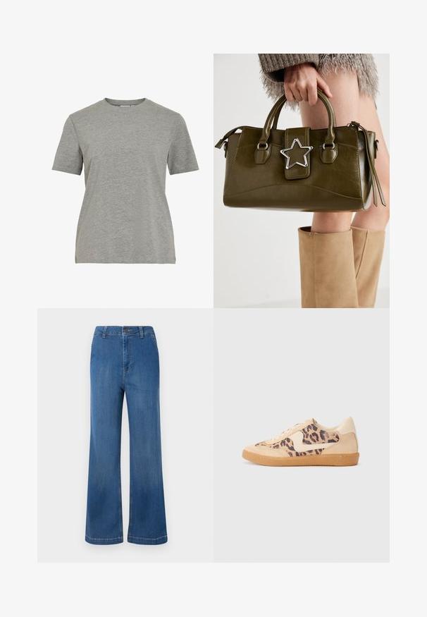 Grey cotton T-shirt featuring a classic crew neck, short sleeves, and a smooth texture, suitable for casual wear.; Wide-leg blue denim jeans with a high waist, featuring a button closure, five pockets, and a faded texture.; Leopard print sneakers with beige suede upper, tan rubber sole, and white accents. Round toe and lace-up design with a textured finish.; Olive green faux leather handbag with silver star accent, dual handles, and a zip closure. Textured surface and structured shape.