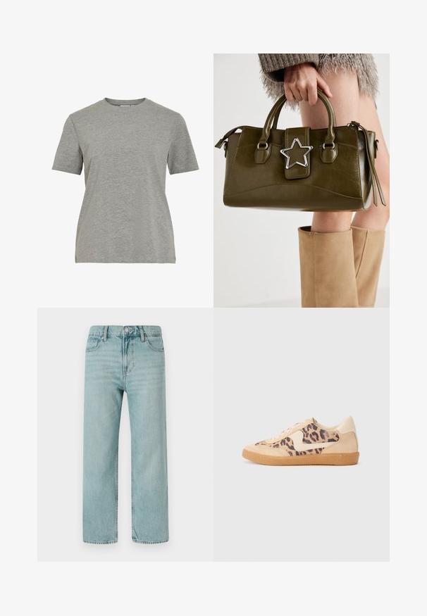 Šedé bavlněné tričko s klasickým kulatým výstřihem, krátkými rukávy a hladkou texturou, vhodné pro každodenní nošení.; Světle modré široké džíny vyrobené z denimu, s klasickým designem pěti kapes, čistými liniemi a standardním pasem se zapínáním na knoflík.; Tenisky s leopardím vzorem, s béžovým semišovým svrškem, hnědou gumovou podrážkou a bílými akcenty. Kulatý špička a šněrovací design s texturovaným povrchem.; Olivově zelená kabelka z imitace kůže se stříbrnou hvězdou, dvojitými rukojeťmi a zipovým uzávěrem. Texturovaný povrch a strukturovaný tvar.