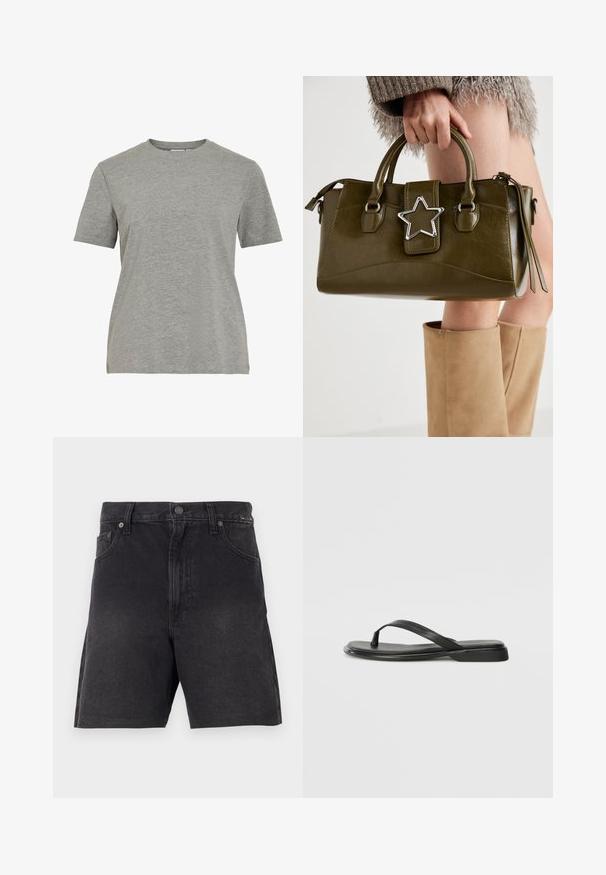 Grå bomullst-shirt med klassisk rund hals, korta ärmar och slät textur, lämplig för vardagsbruk.; Svarta denimshorts med rak skärning, med knäppning, framfickor och ett strukturerat tyg. Minimalistisk design, inga synliga mönster.; Svart flip-flop i mjukt läder, med en tunn remdesign och en platt sula med en minimalistisk profil. Inga anmärkningsvärda mönster eller detaljer.; Olivgrön konstläderhandväska med silverstjärna som accent, dubbla handtag och dragkedjestängning. Texturerad yta och strukturerad form.