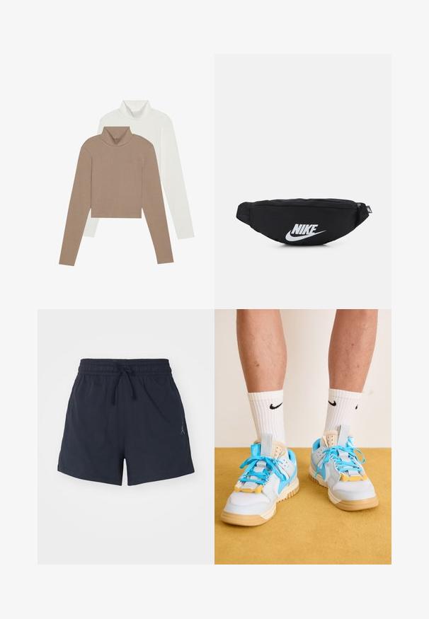 To turtlenecks: en i myk brun med ribbet tekstur og en i glatt hvit. Begge har lange ermer og en cropped design.; Marine treningsshorts laget av fukttransporterende stoff, med elastisk linning og snor, samt en liten logo.; Lyseblå joggesko med brune såler, med fremtredende turkise snørebånd og gule detaljer. Teksturerte materialer og synlig luftdemping.; Svart nylon belteveske med glidelås, med en stor hvit Nike-logo. Jevn tekstur og ergonomisk design for komfortabel bruk.